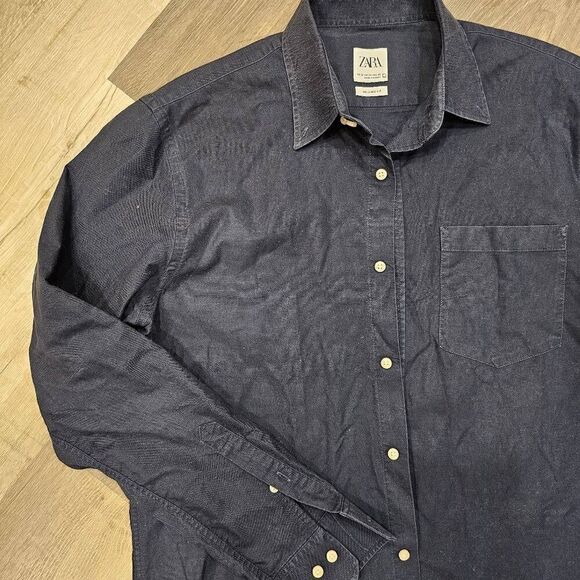 Zara Men's Medium Relaxed Fit Button Down Shirt Navy Cotton - Picture 4 of 5